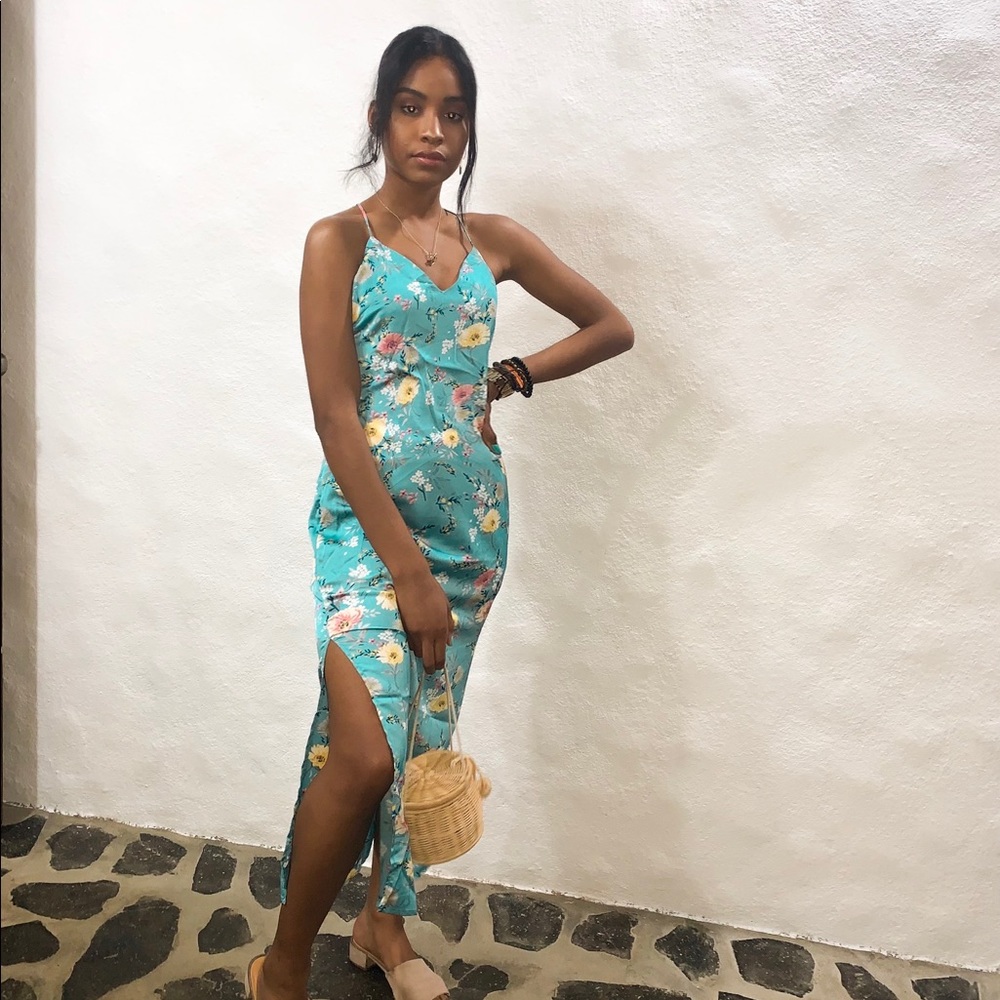 Blue floral silk dress